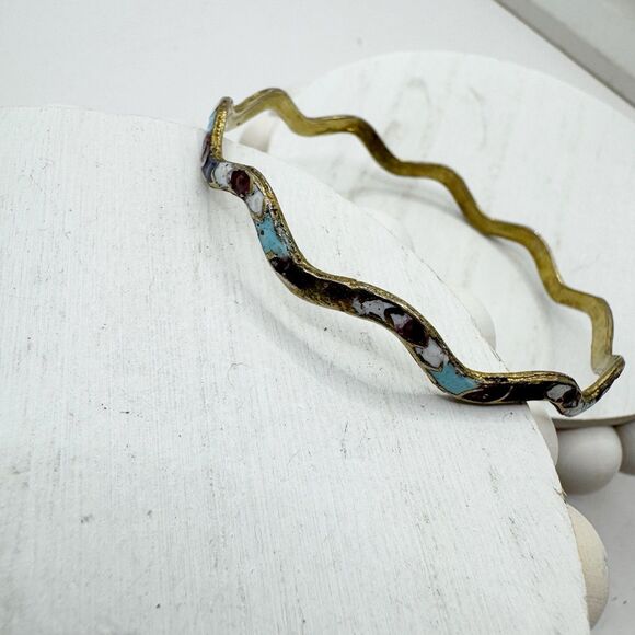Vintage Enamel Bangle Bracelet Wavy Design Red Blue White Bohemian - Picture 4 of 9